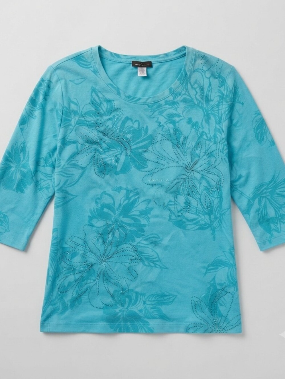 ​Christopher & Banks Blue Floral Sequined Tee 3/4 Sleeve Top Size M